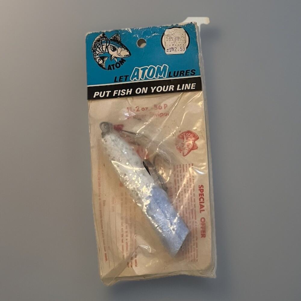 New Vintage Wood Sparkly Atom Striper Swiper Topwater Popper Lure Saltwater Bass